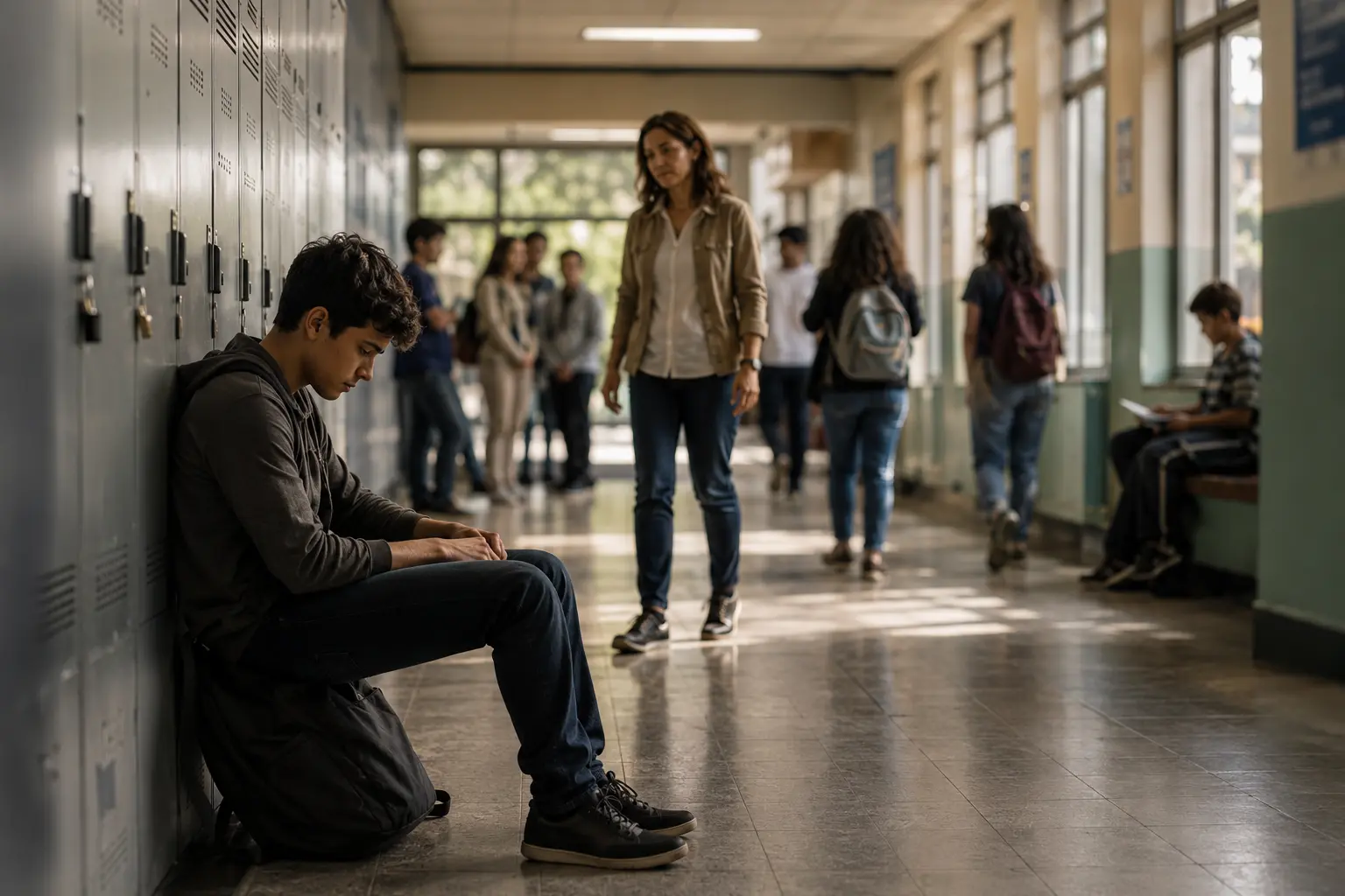 Professora acompanhando estudantes em sala de aula